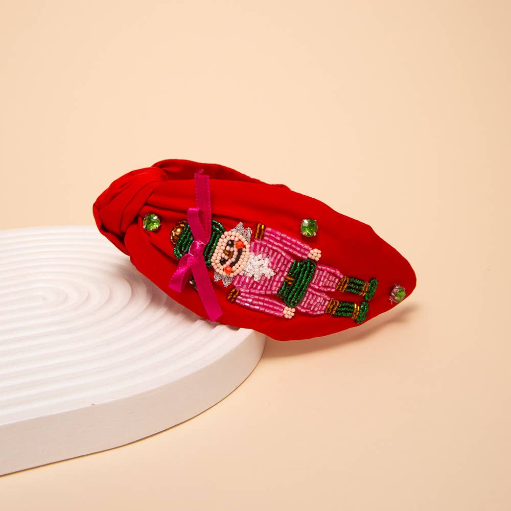 Christmas Nutcracker Crystal Seed Beaded Top Knot Headband: Pink