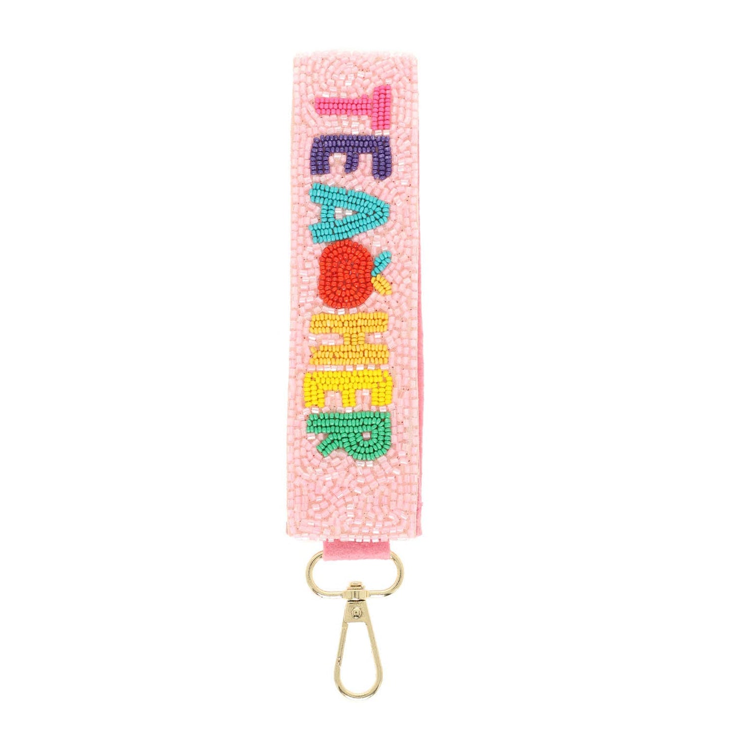 Teacher Long Strip Lettering Beaded Keychain: White