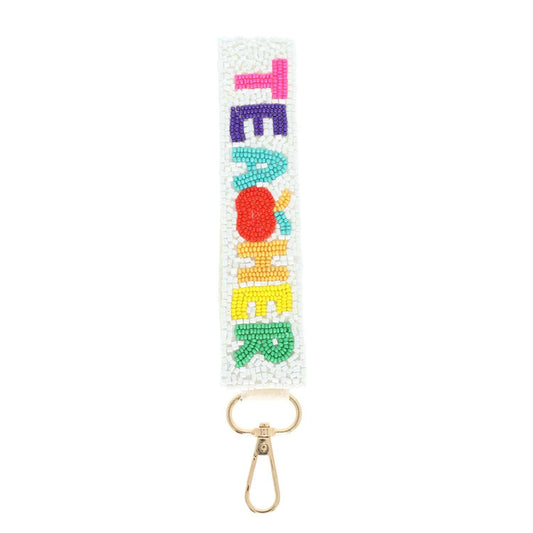 Teacher Long Strip Lettering Beaded Keychain: White