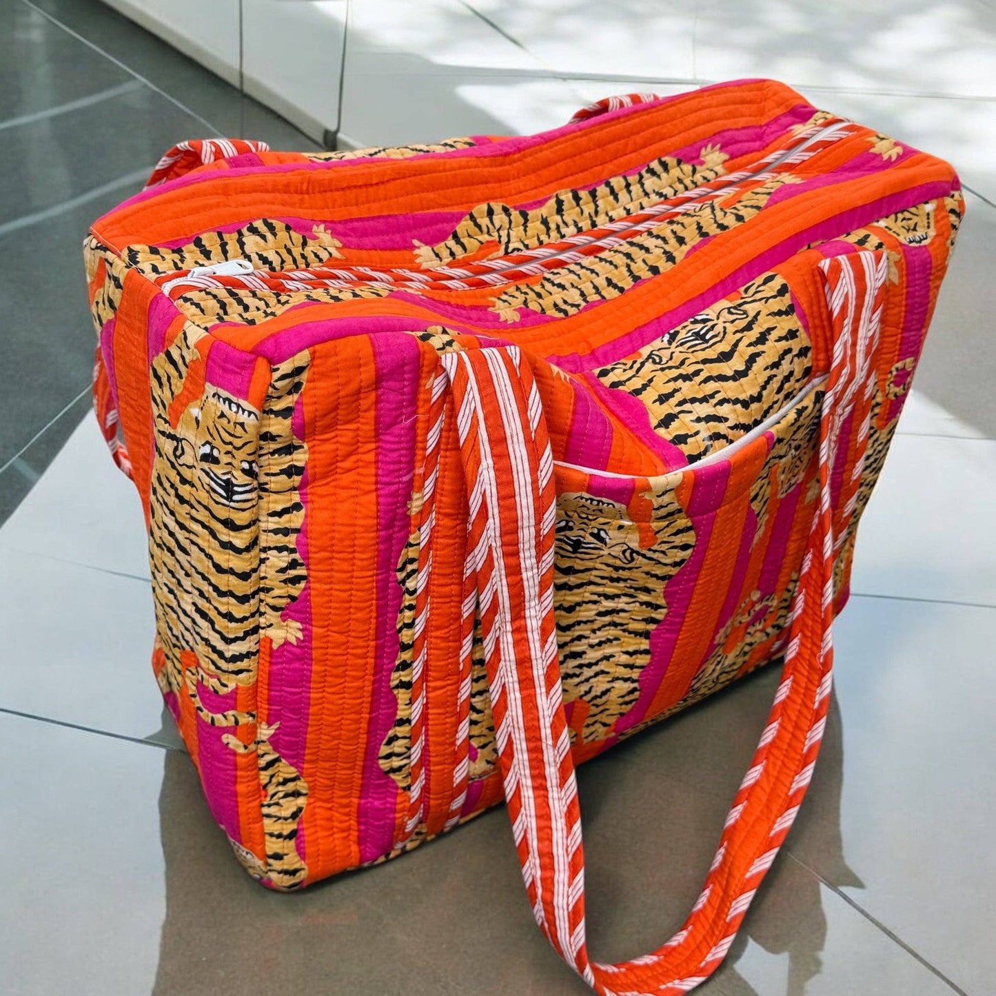 Overnight Quilted Zip-Top Duffle Bag | Block Print | Orange Pink Tiger