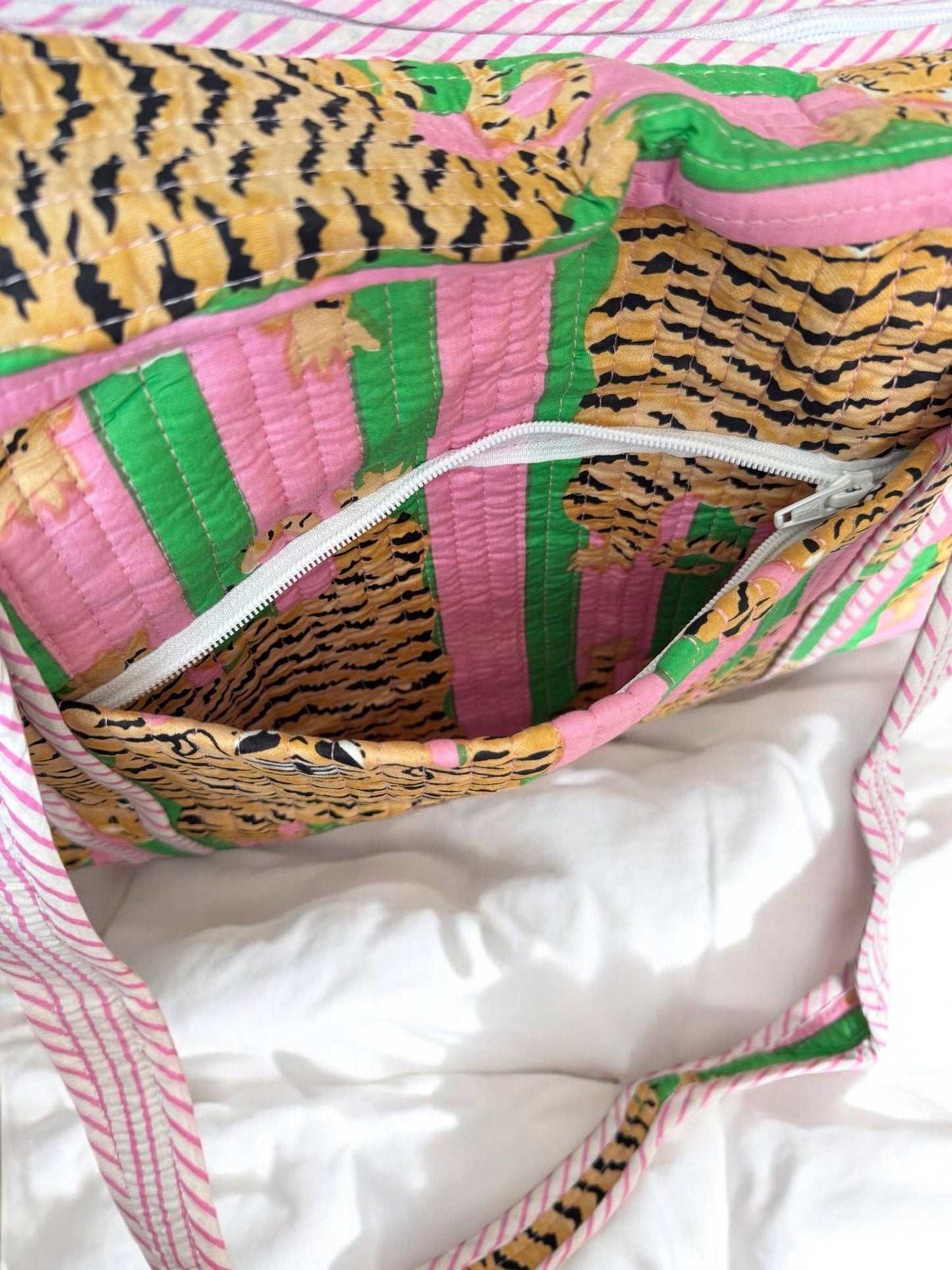 Overnight Quilted Zip-Top Duffle Bag | Block Print | Pink & Green Tiger