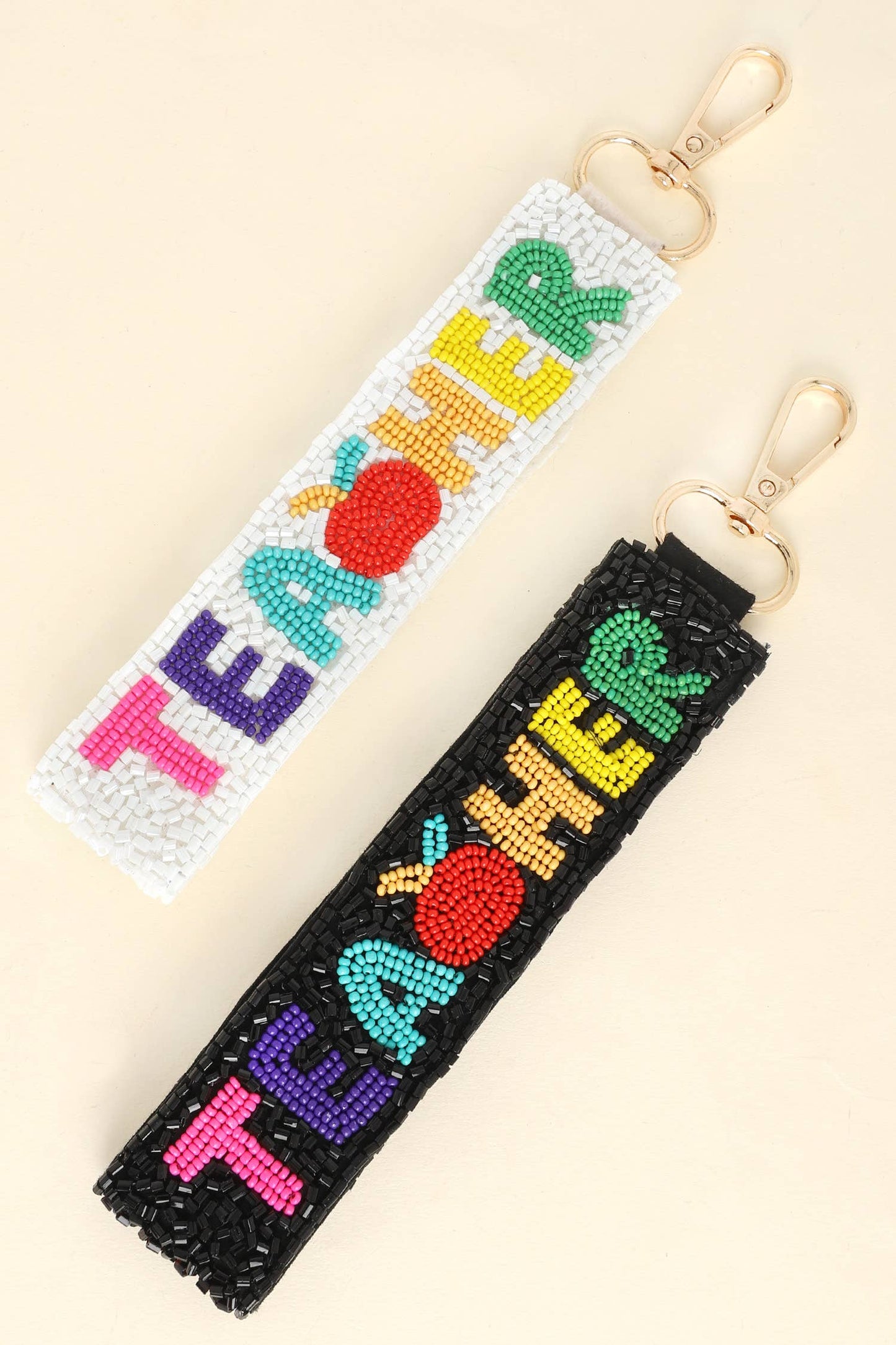 Teacher Long Strip Lettering Beaded Keychain: White