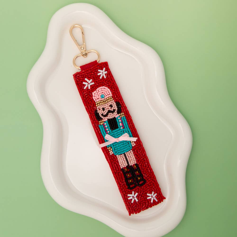 CHRISTMAS SEED BEADED NUTCRACKER WRISTLET KEYCHAIN: Green