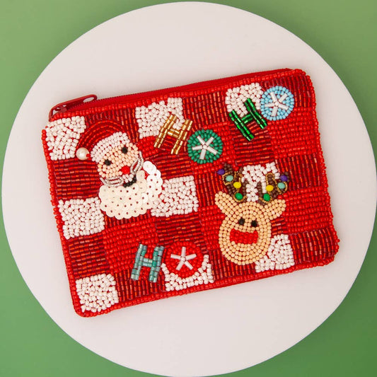 Christmas Red Checkered Seed Beaded Coin Bag