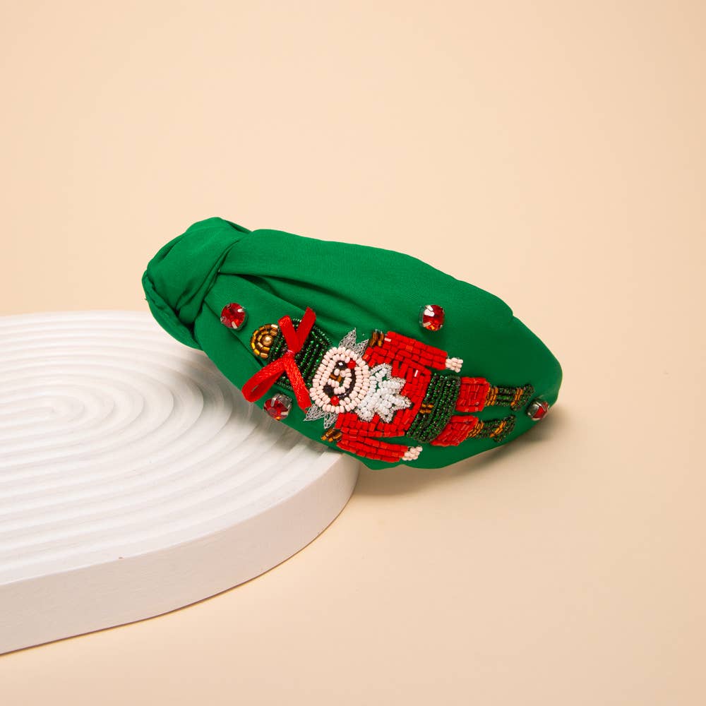 Christmas Nutcracker Crystal Seed Beaded Top Knot Headband: Pink