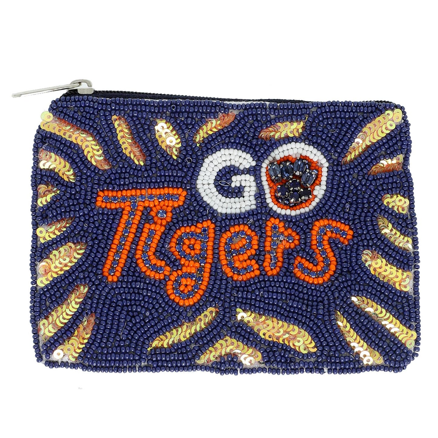 Gold Tigers Seed Beaded Football Coin Bag : Navy Orange
