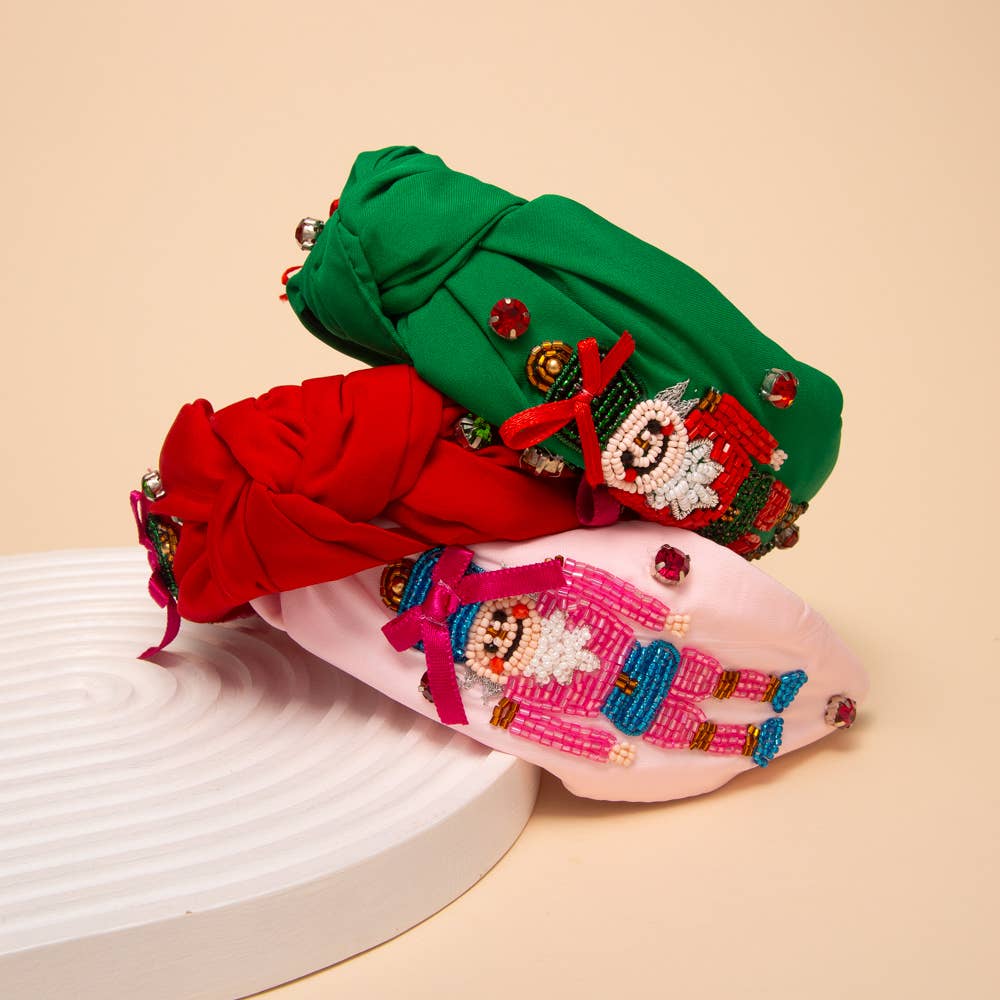 Christmas Nutcracker Crystal Seed Beaded Top Knot Headband: Pink