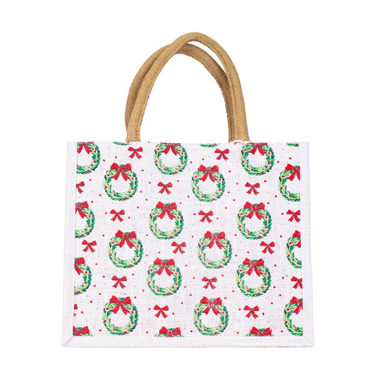 Clara Wreath Gift Tote   White/Red/Green    12x10x8