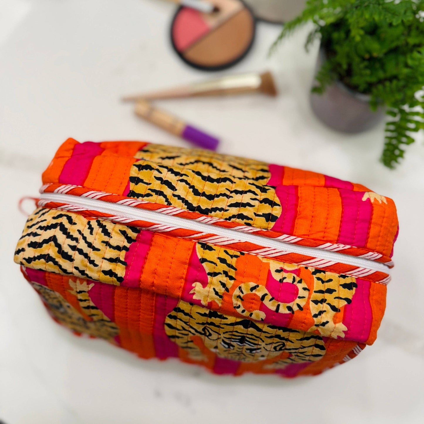 Scalloped Makeup Travel Toiletry Bag | Pink Orange Tiger Stripe