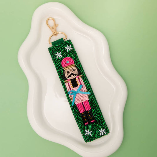 CHRISTMAS SEED BEADED NUTCRACKER WRISTLET KEYCHAIN: Green