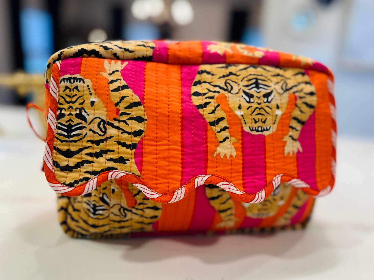 Scalloped Makeup Travel Toiletry Bag | Pink Orange Tiger Stripe