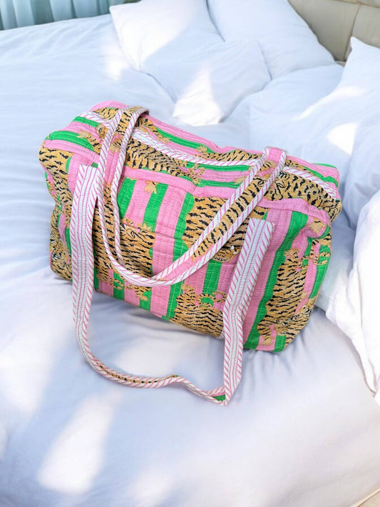 Overnight Quilted Zip-Top Duffle Bag | Block Print | Pink & Green Tiger