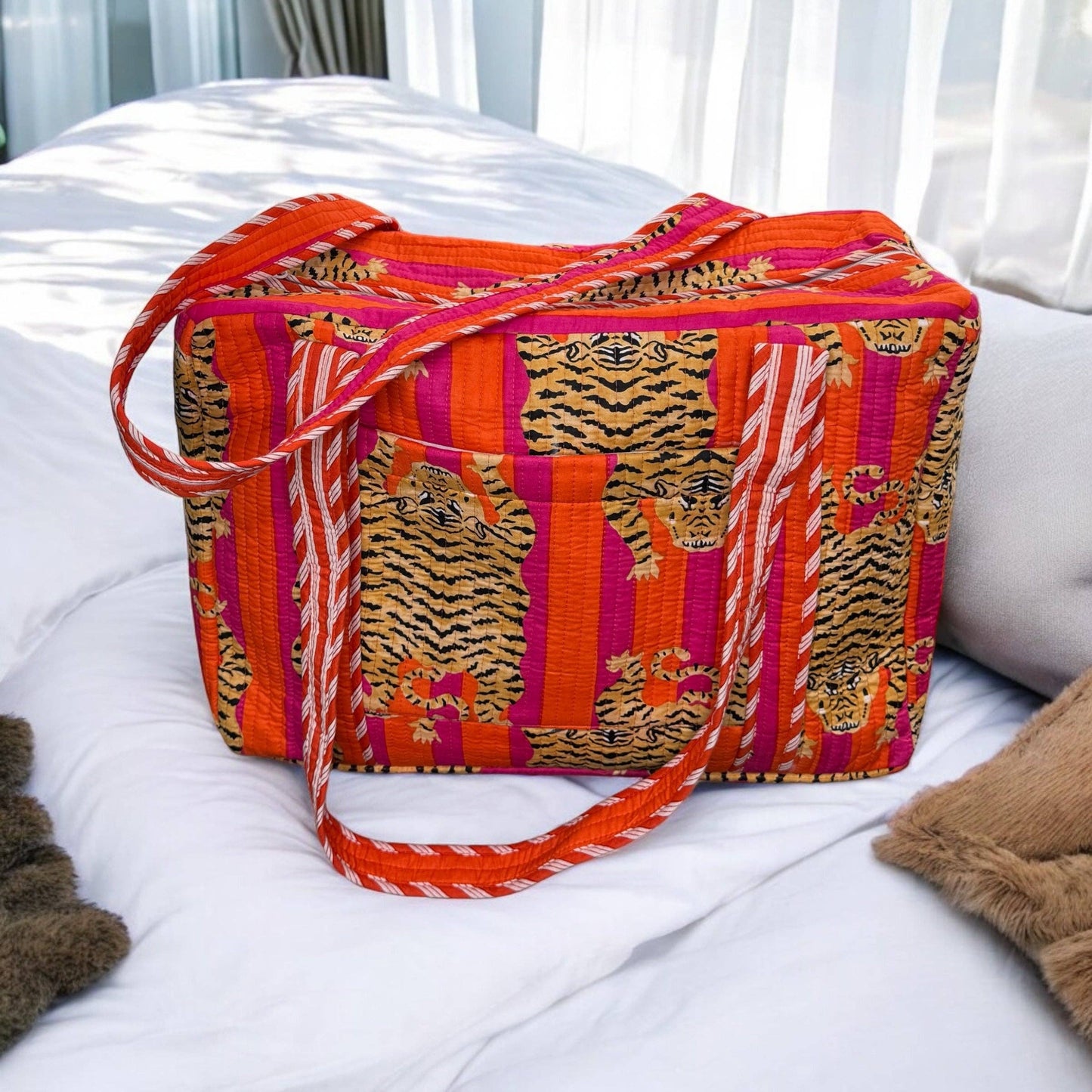 Overnight Quilted Zip-Top Duffle Bag | Block Print | Orange Pink Tiger