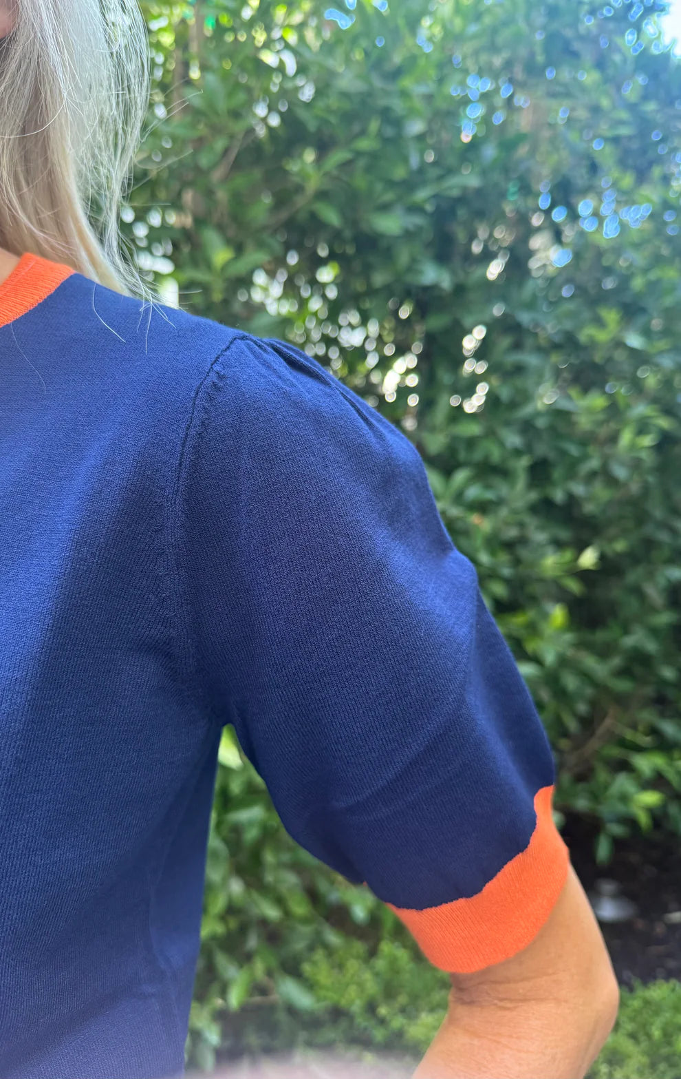 Navy Pintuck Short Sleeve Sweater