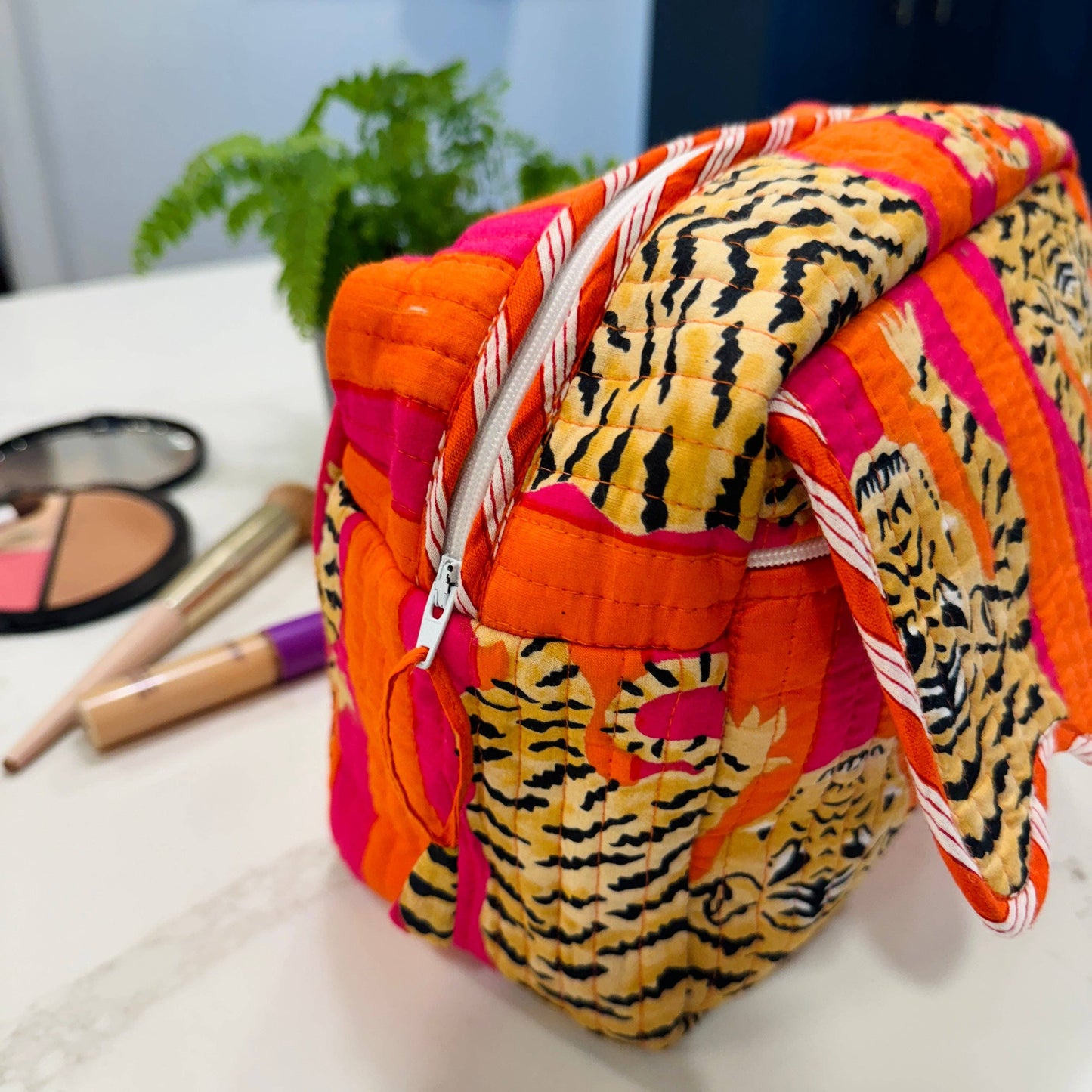 Scalloped Makeup Travel Toiletry Bag | Pink Orange Tiger Stripe