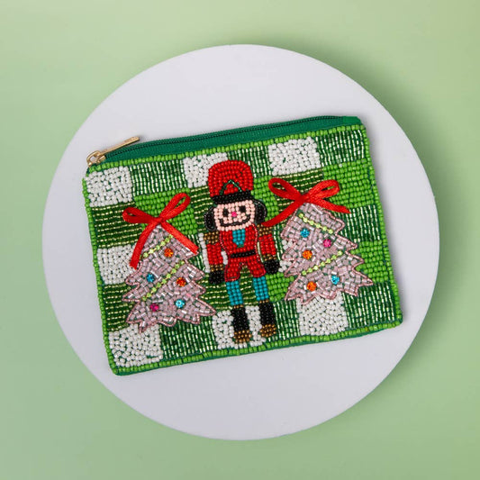 Christmas Nutcracker & Tree Seed Beaded Mini Coin Bag: Green