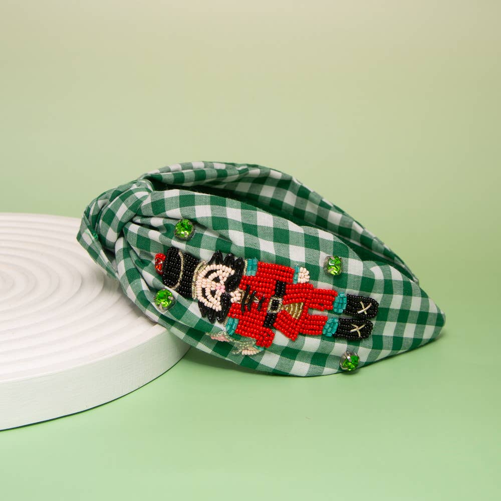 Christmas Nutcracker Crystal Seed Beaded Top Knot Headband: Green