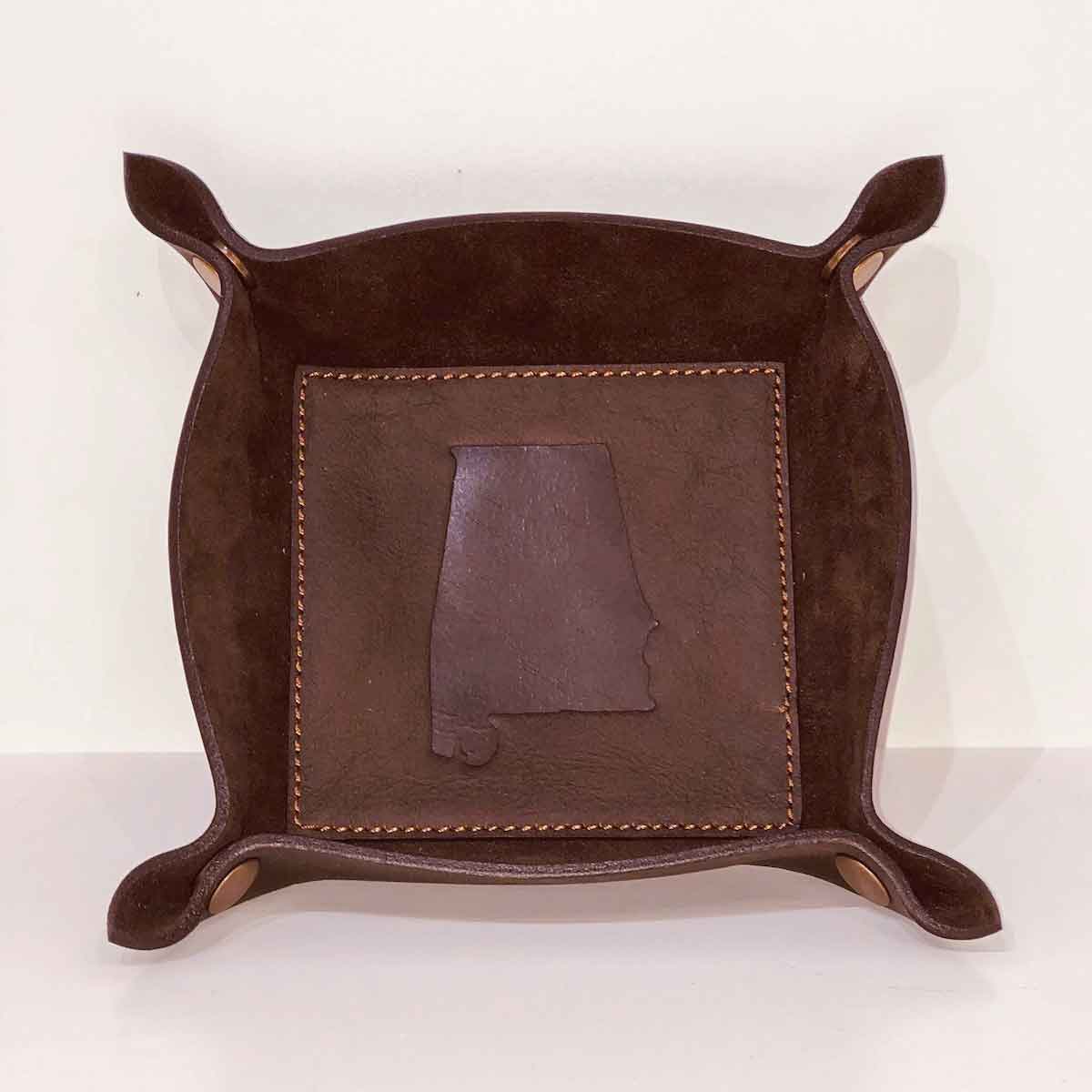 Alabama Leather Embossed Valet Tray   Dark Brown   8x8