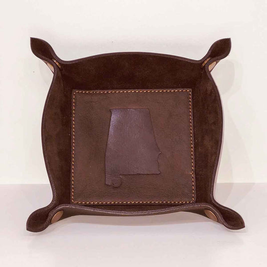 Alabama Leather Embossed Valet Tray   Dark Brown   8x8
