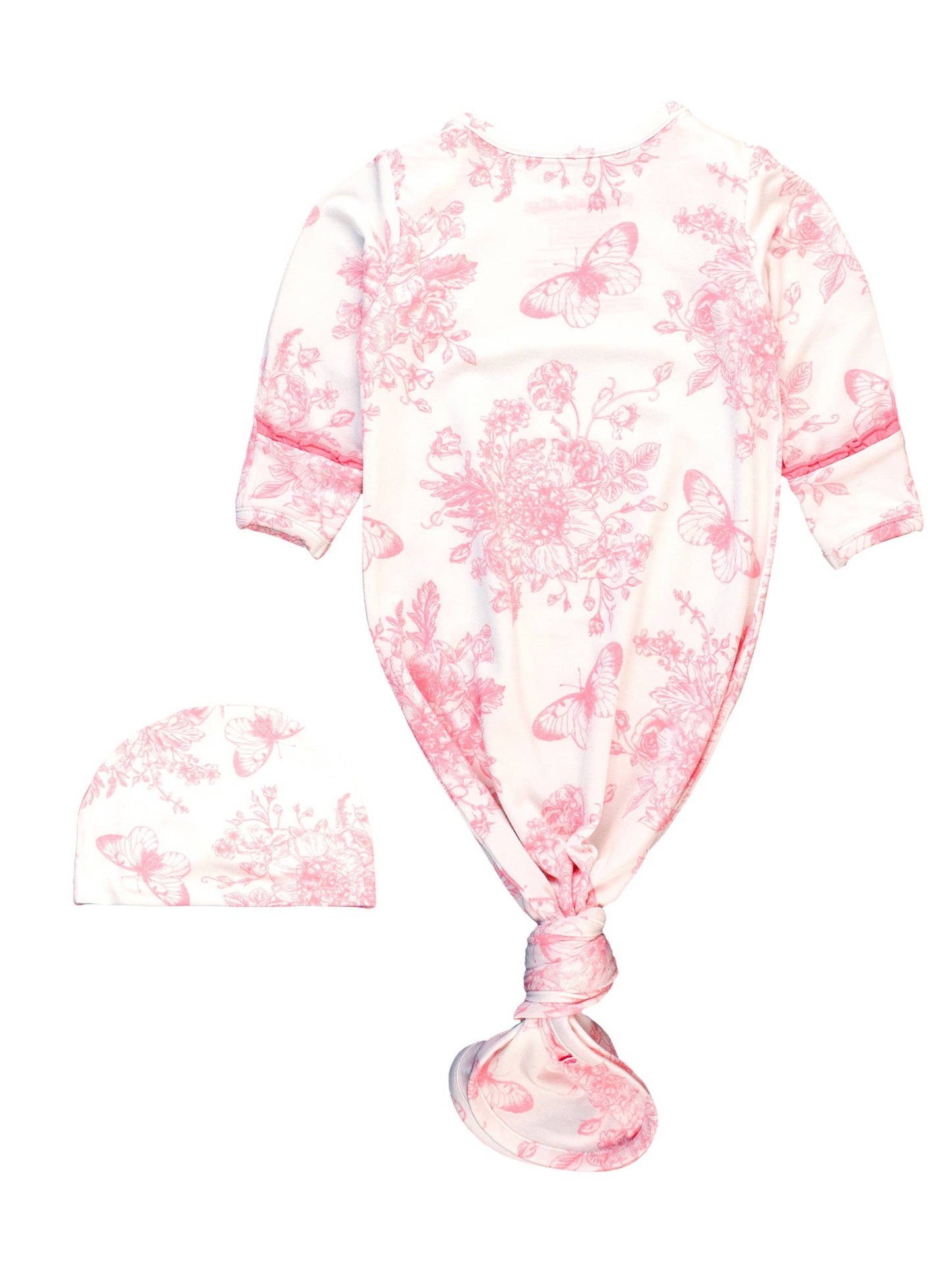 Baby Girls Pink Butterfly Garden Toile Bamboo Viscose Knotted Ruffle Gown & Hat Set: White / Newborn-3m