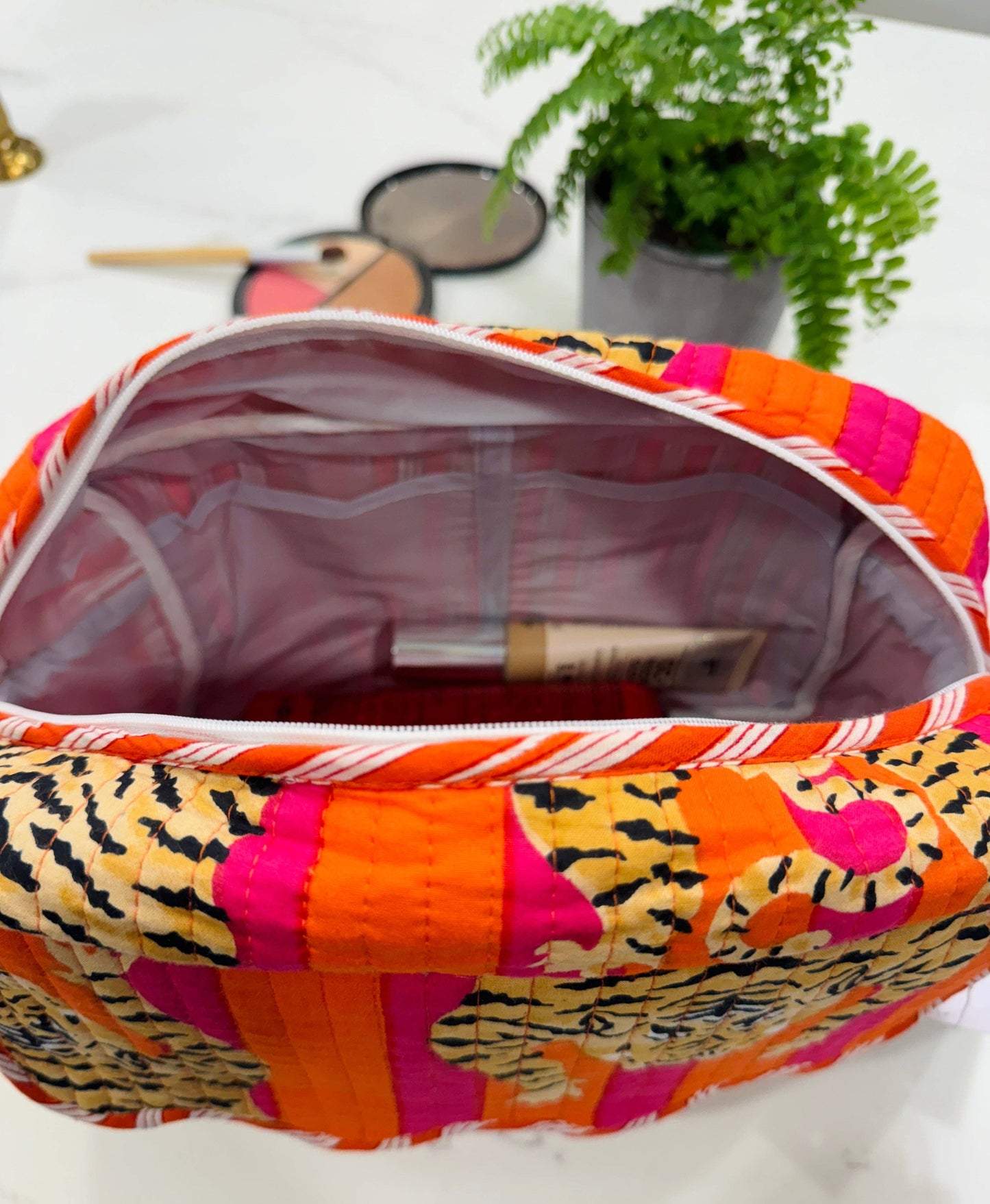 Scalloped Makeup Travel Toiletry Bag | Pink Orange Tiger Stripe