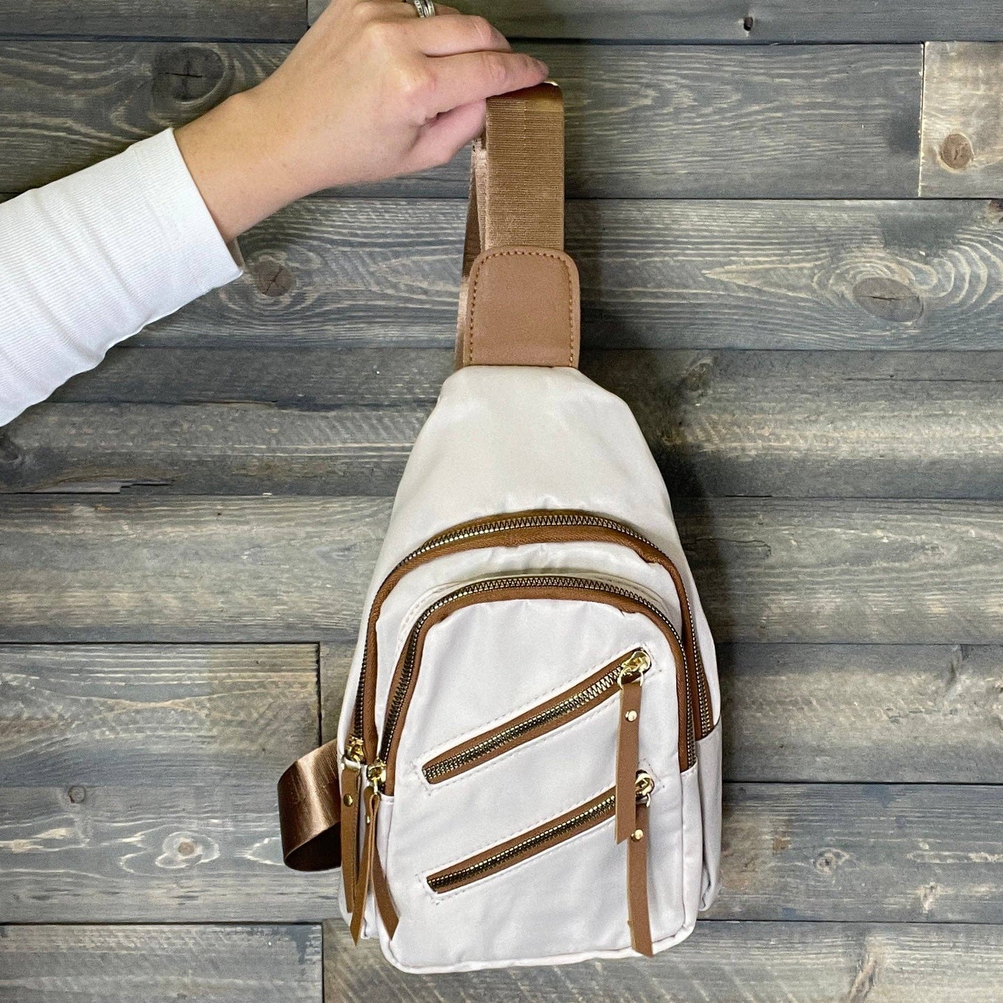 Mila Khakis & Cognac Sling Crossbody Bag