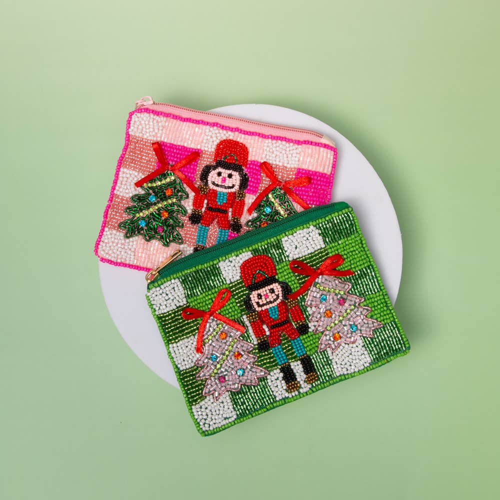 Christmas Nutcracker & Tree Seed Beaded Mini Coin Bag: Green