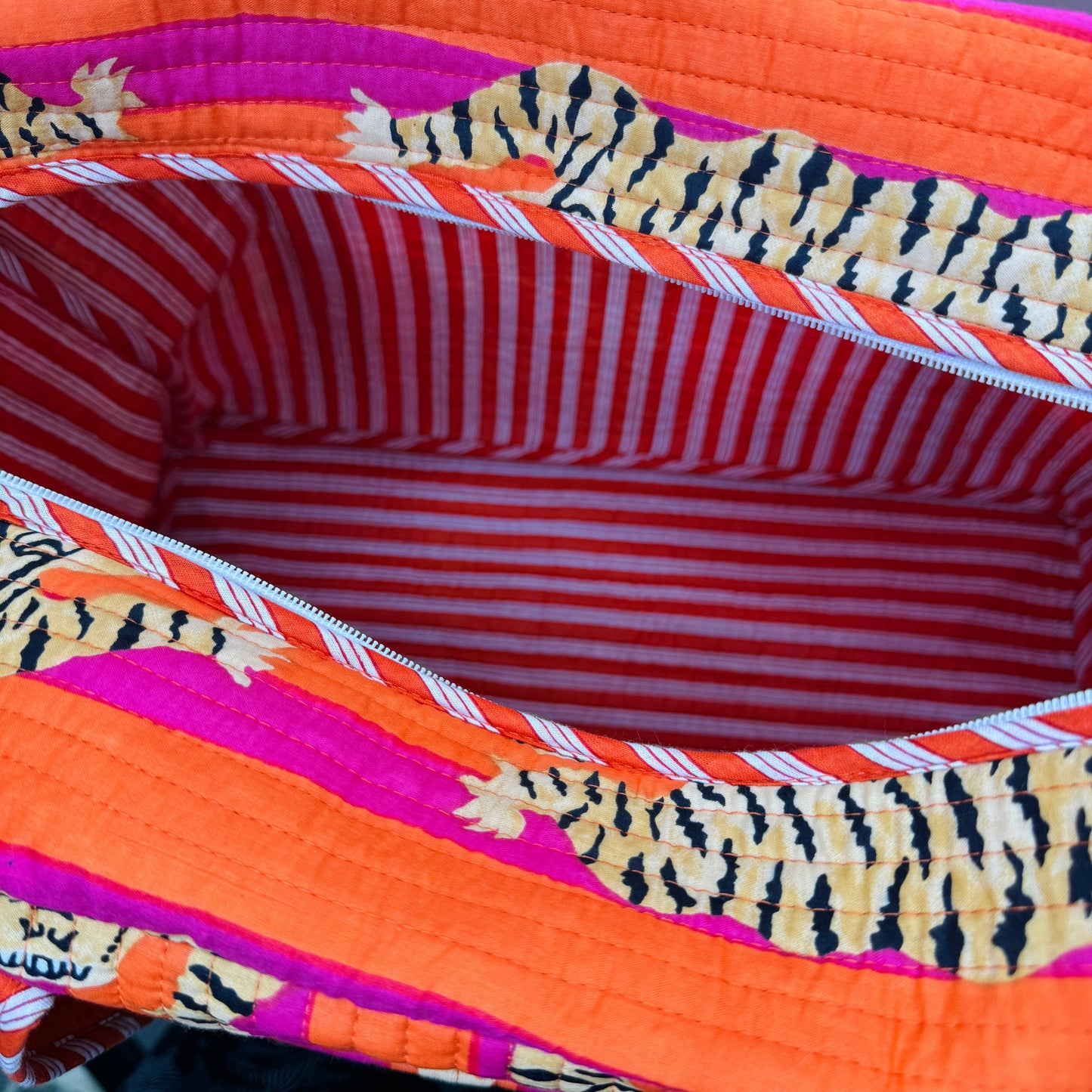 Overnight Quilted Zip-Top Duffle Bag | Block Print | Orange Pink Tiger