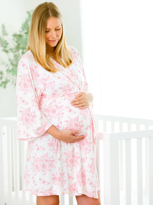 Women's Pink Butterfly Garden Toile Bamboo Viscose Mommy & Me Maternity Robe: White / One Size