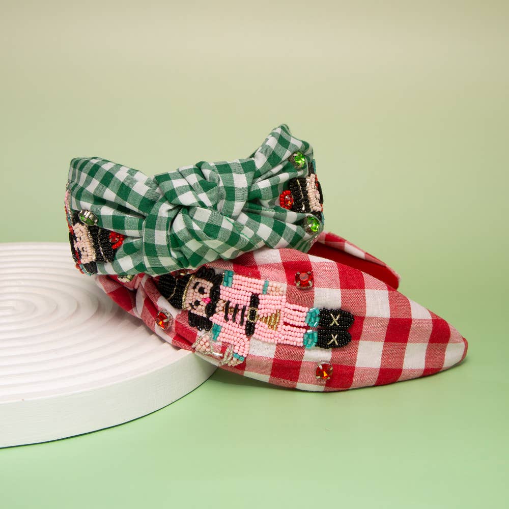 Christmas Nutcracker Crystal Seed Beaded Top Knot Headband: Green