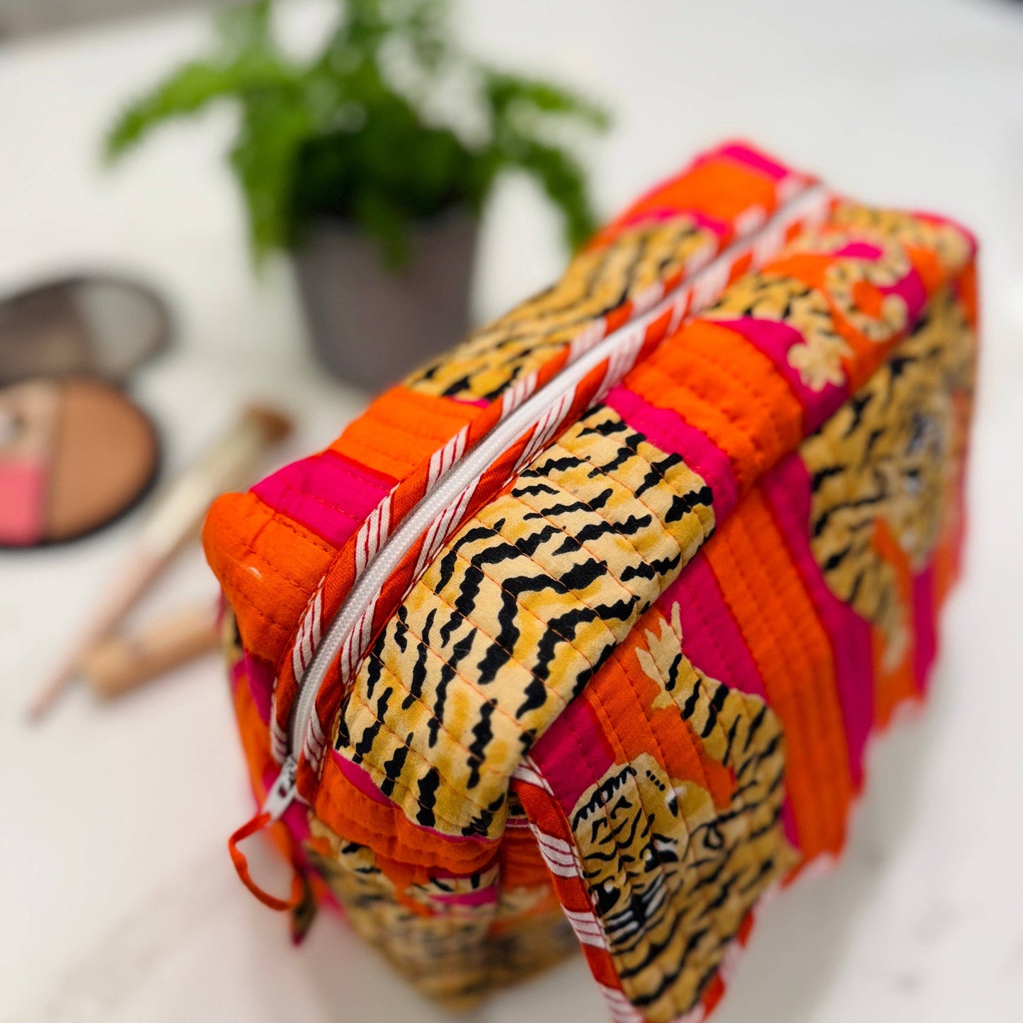 Scalloped Makeup Travel Toiletry Bag | Pink Orange Tiger Stripe