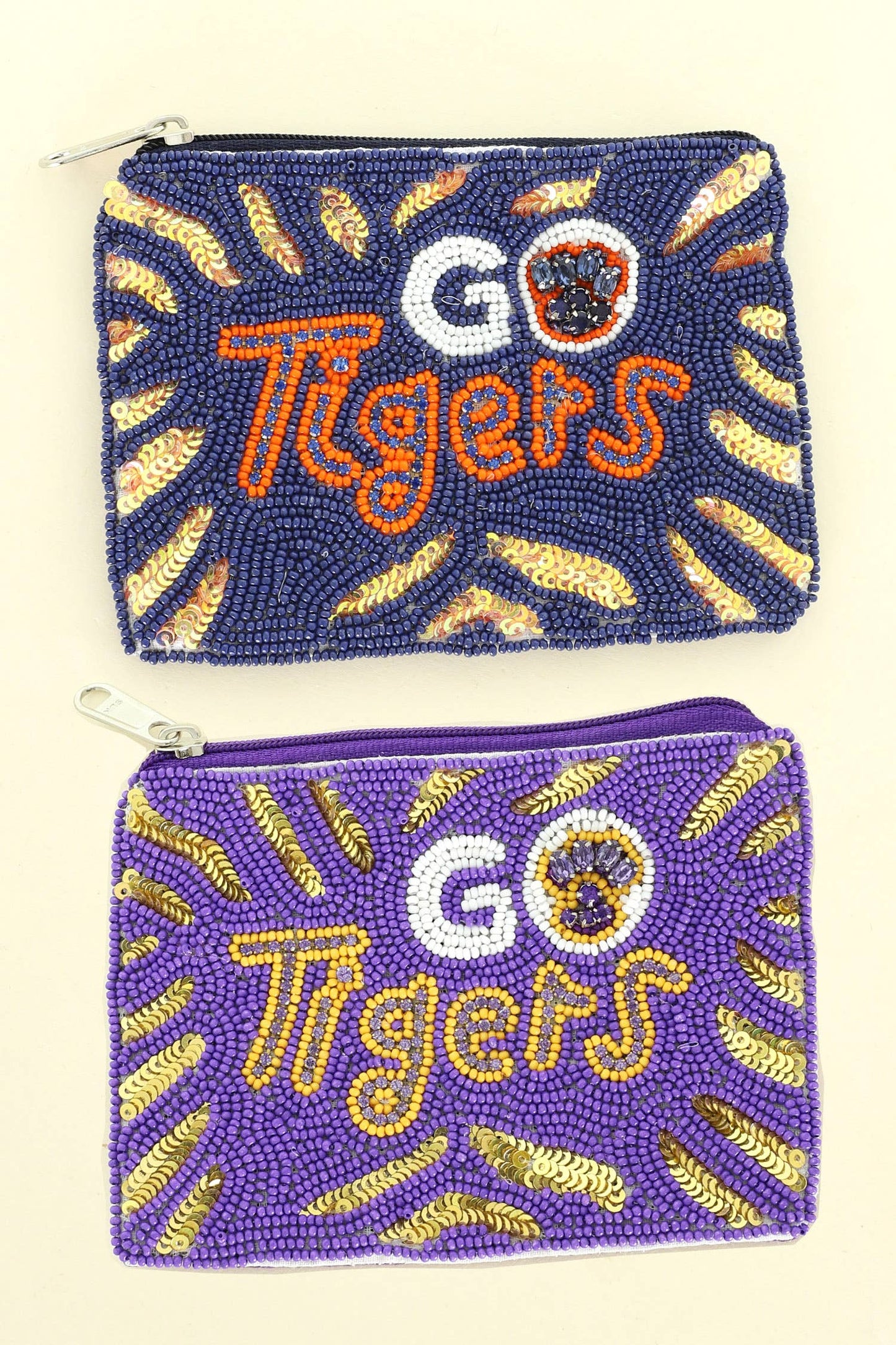 Gold Tigers Seed Beaded Football Coin Bag : Navy Orange