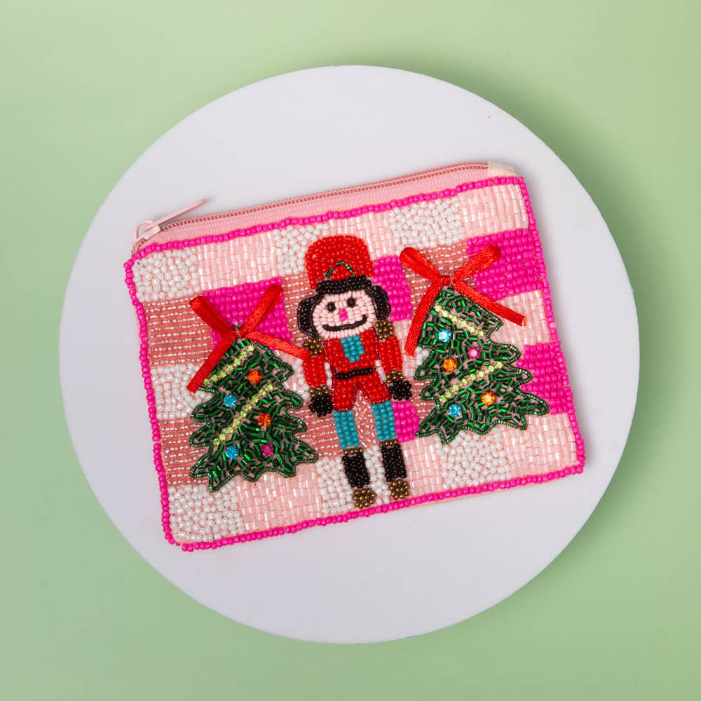 Christmas Nutcracker & Tree Seed Beaded Mini Coin Bag: Green