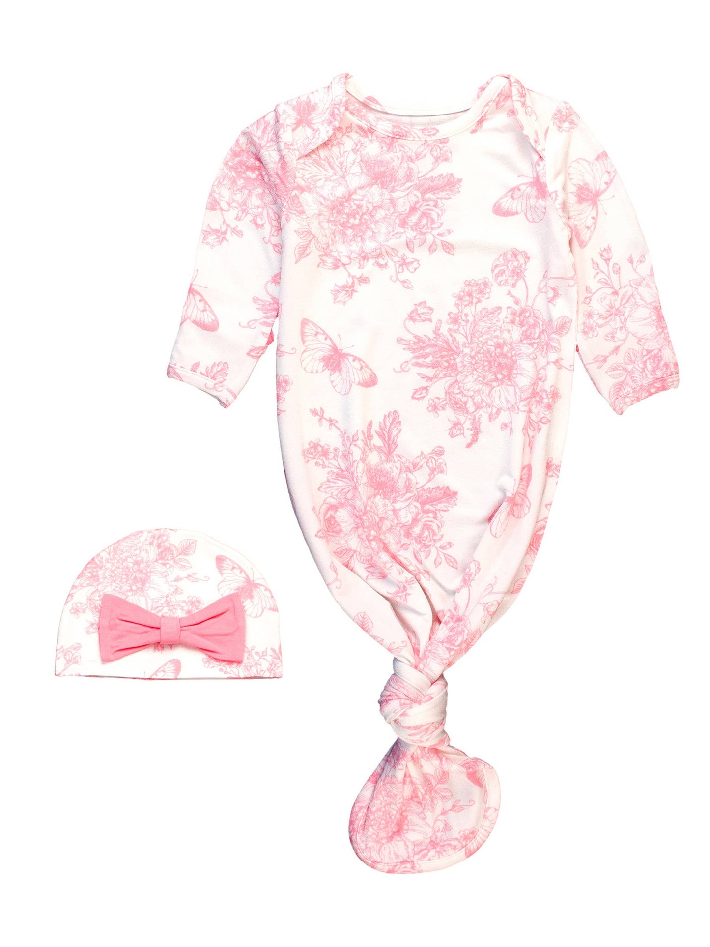 Baby Girls Pink Butterfly Garden Toile Bamboo Viscose Knotted Ruffle Gown & Hat Set: White / Newborn-3m