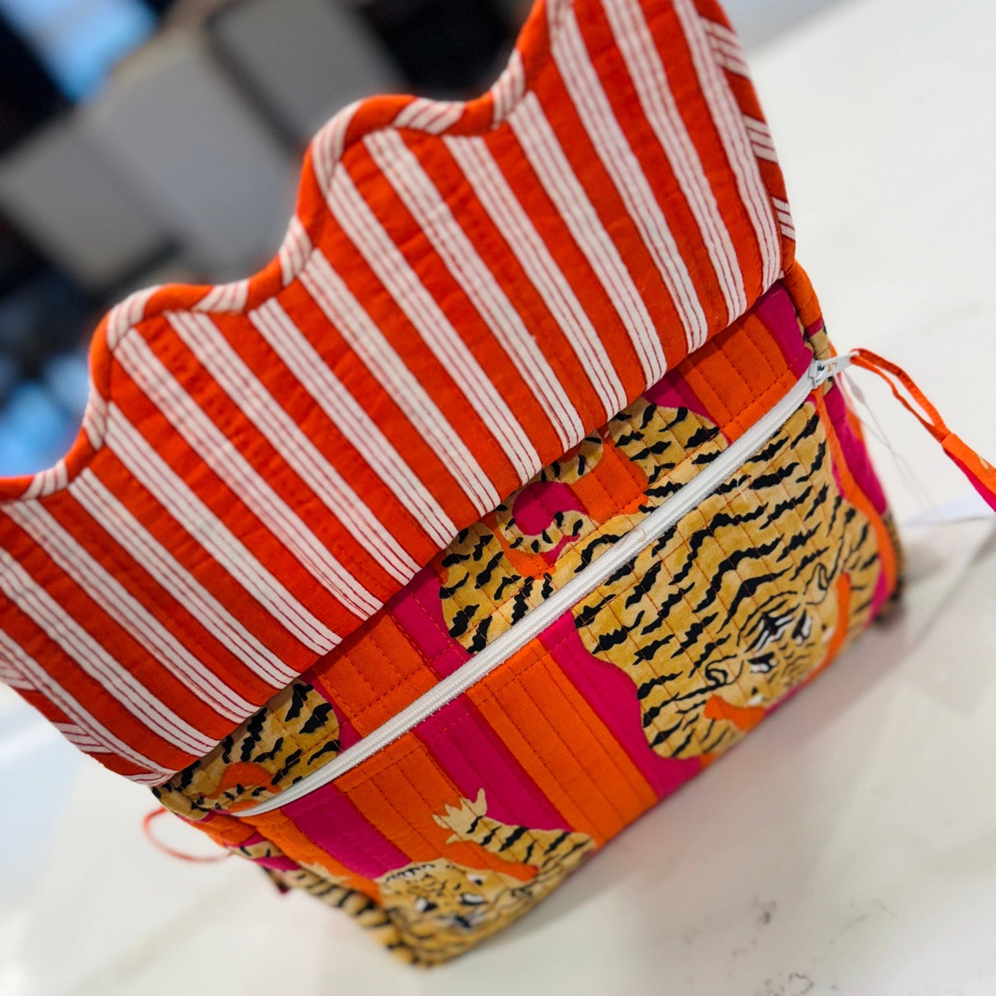 Scalloped Makeup Travel Toiletry Bag | Pink Orange Tiger Stripe