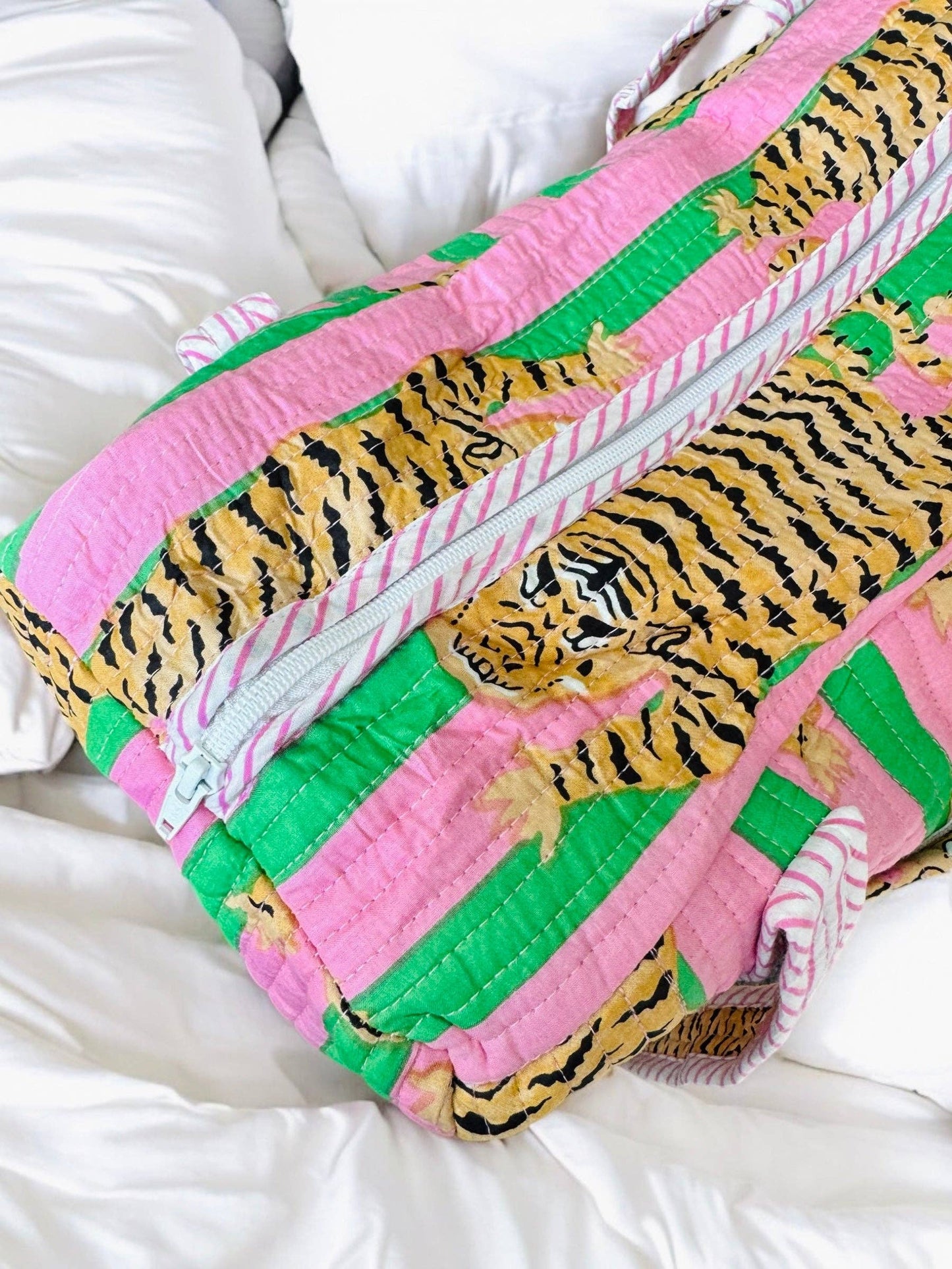 Overnight Quilted Zip-Top Duffle Bag | Block Print | Pink & Green Tiger