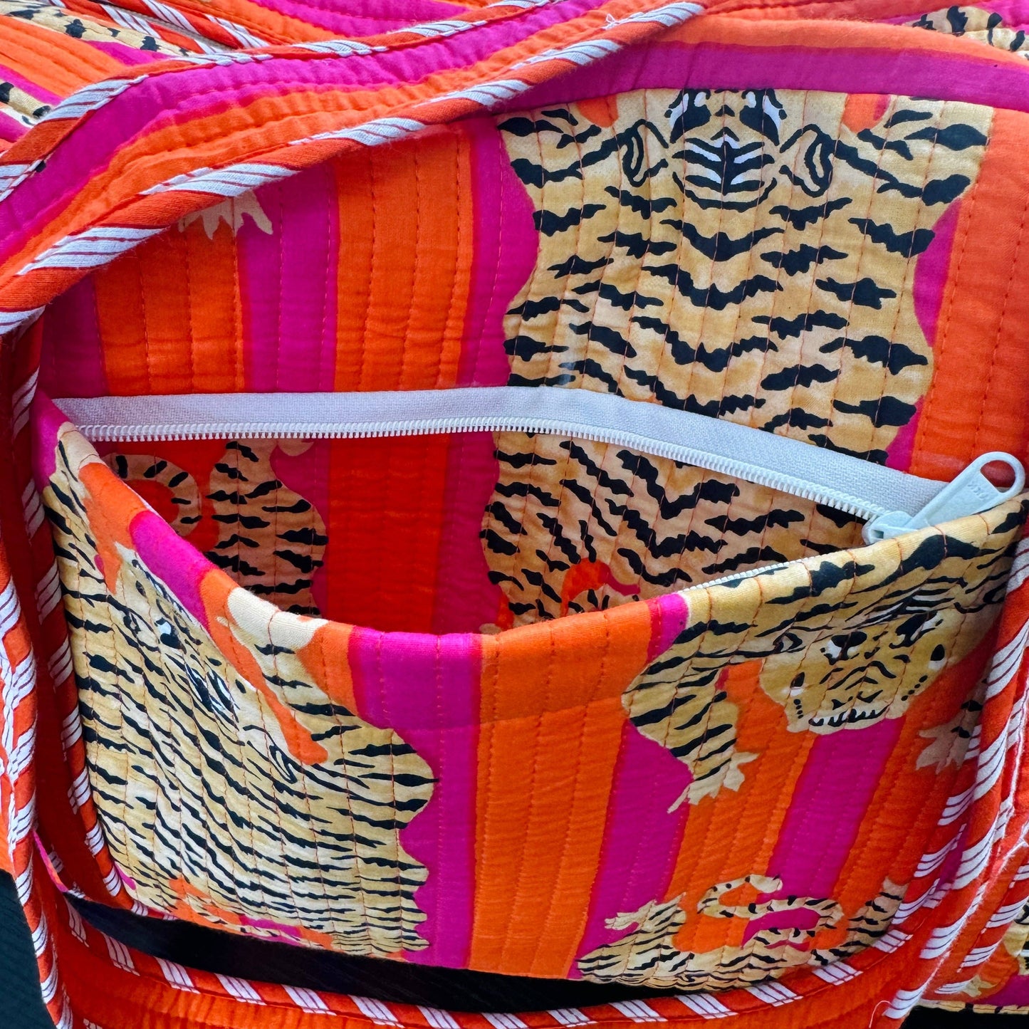 Overnight Quilted Zip-Top Duffle Bag | Block Print | Orange Pink Tiger