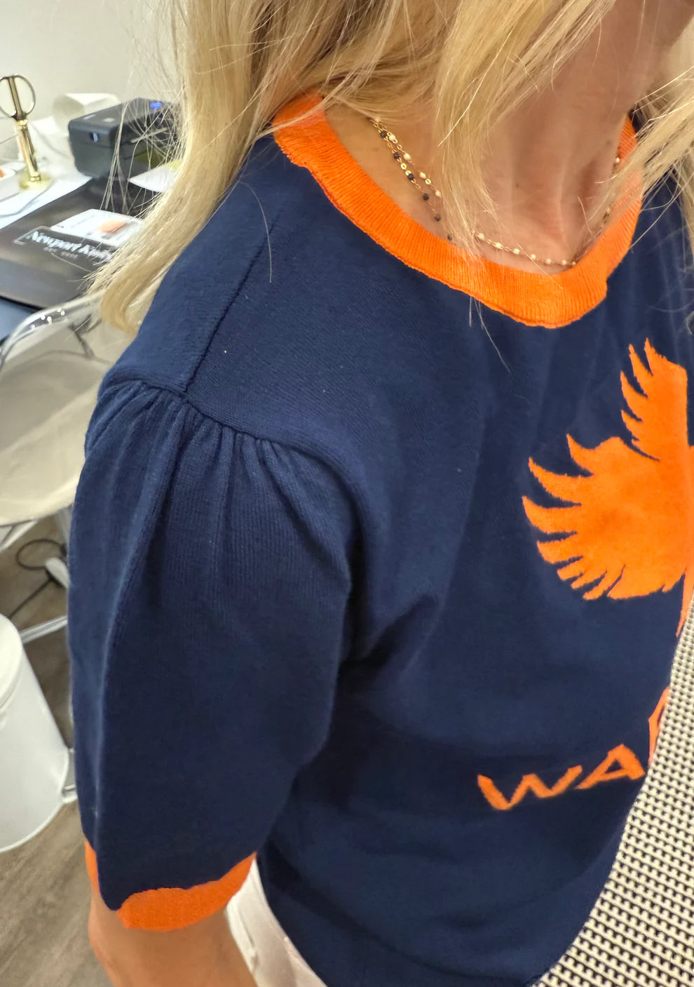 Navy Pintuck Short Sleeve Sweater